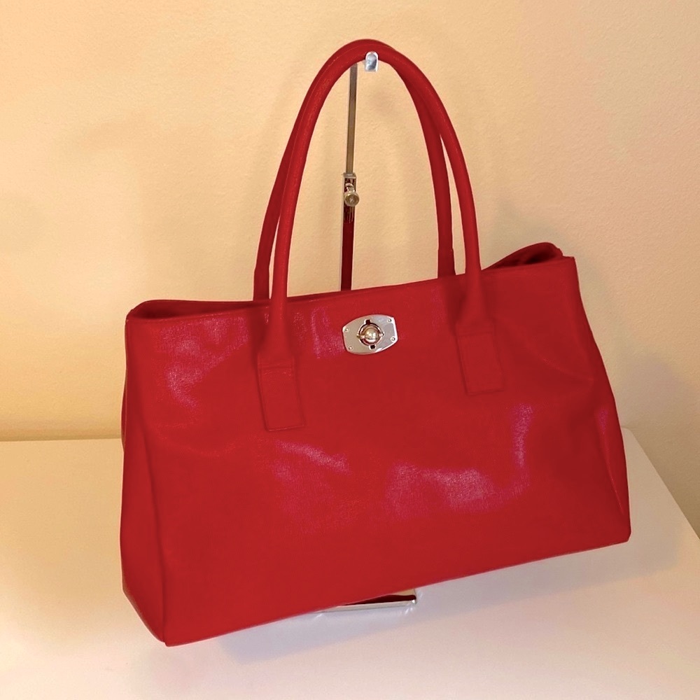 Furla Red Saffiano Leather Tote Bag with Turn-Lock Closure